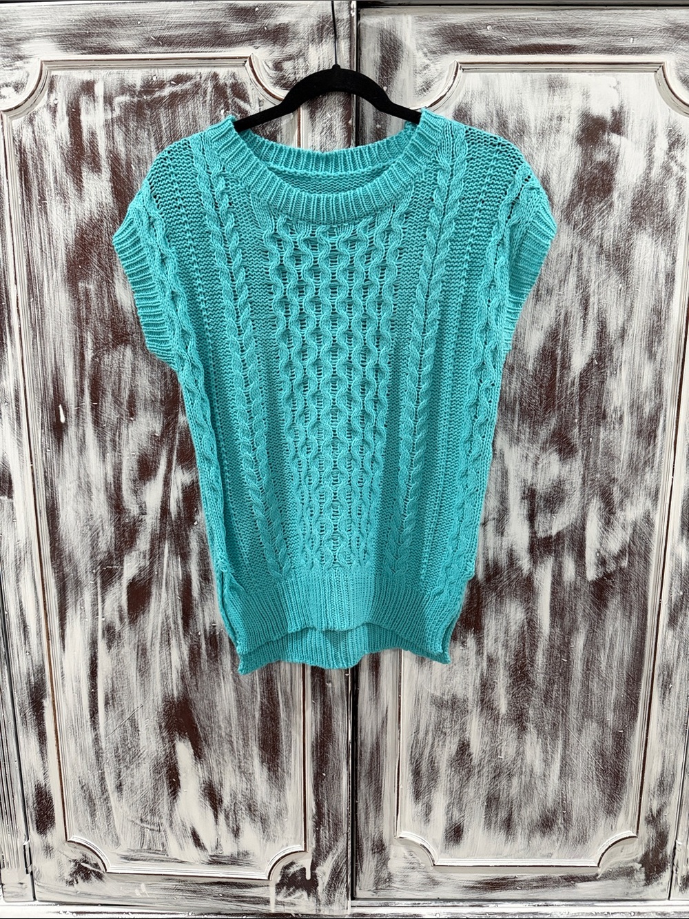 SHEIN Turquoise Cable Knit Short Sleeve Scoop Sweater